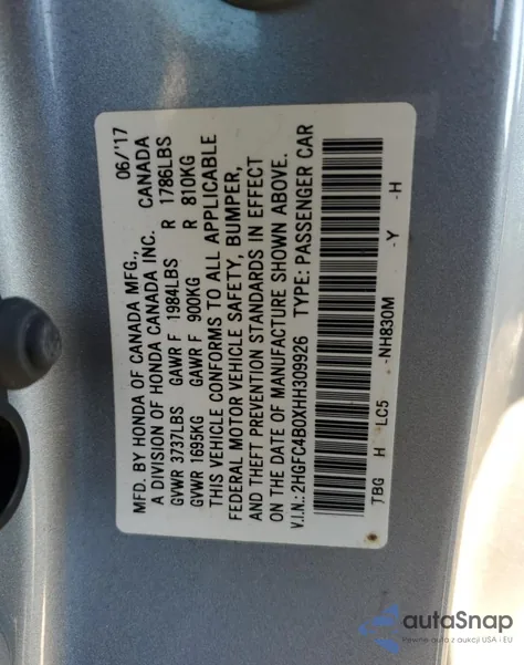 2017 Honda Civic Lx from USA, damaged, VIN 2HGFC4B0XHH309926